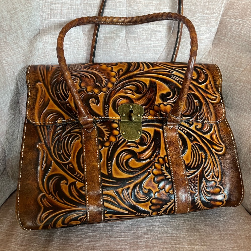 Patricia Nash Brown Leather Tote with Floral Design